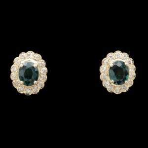 14k Yellow Gold Blue-Green Sapphire & Diamond Halo Stud Earrings