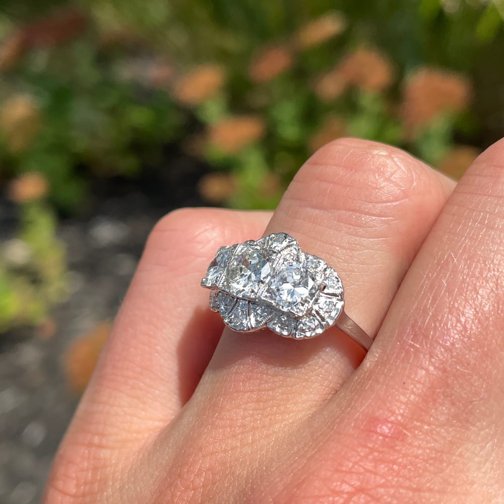 007-001817_1S3HF3IAN Late Edwardian Platinum Three Stone 2.10 ctw Diamond Halo Ring