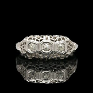 Art Deco 18k White Gold Filigree Three Stone Diamond Ring