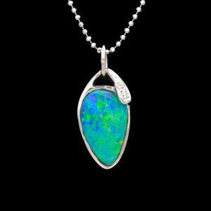 18k White Gold Boulder Opal & Diamond Pendant Necklace on 14k Chain