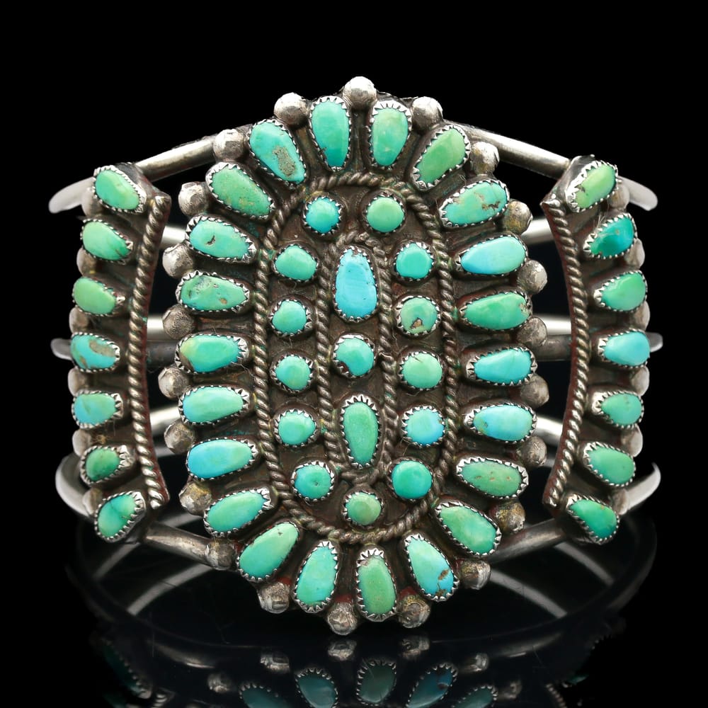 Zuni Old Pawn Sterling Silver Petit Point Turquoise Cuff Bracelet