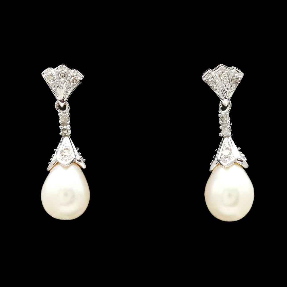 14k White Gold Diamond & 6.75 mm Pearl Drop Earrings
