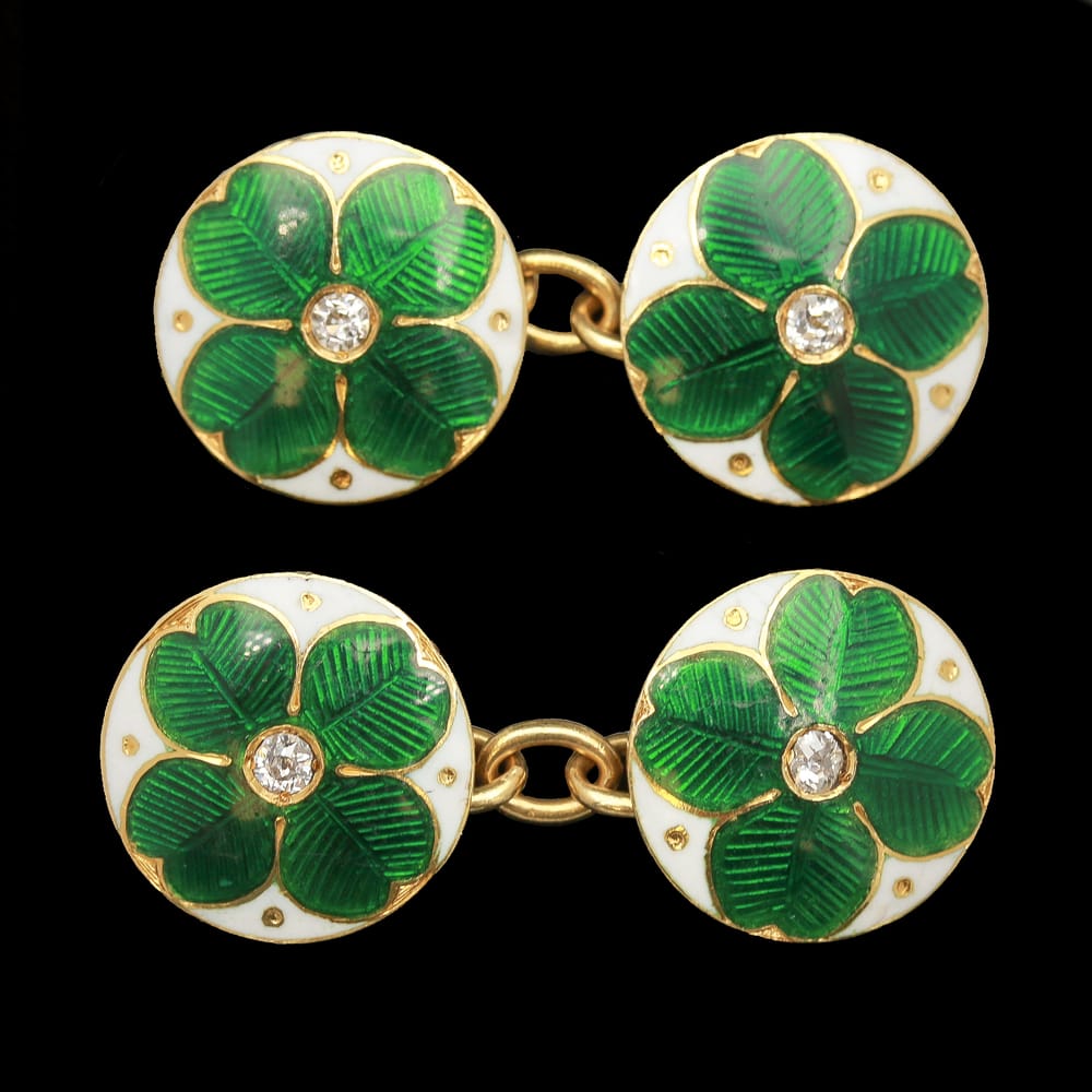 antique 18k yellow gold 0.16 ctw rose cut diamond & enamel four leaf clovers cufflinks