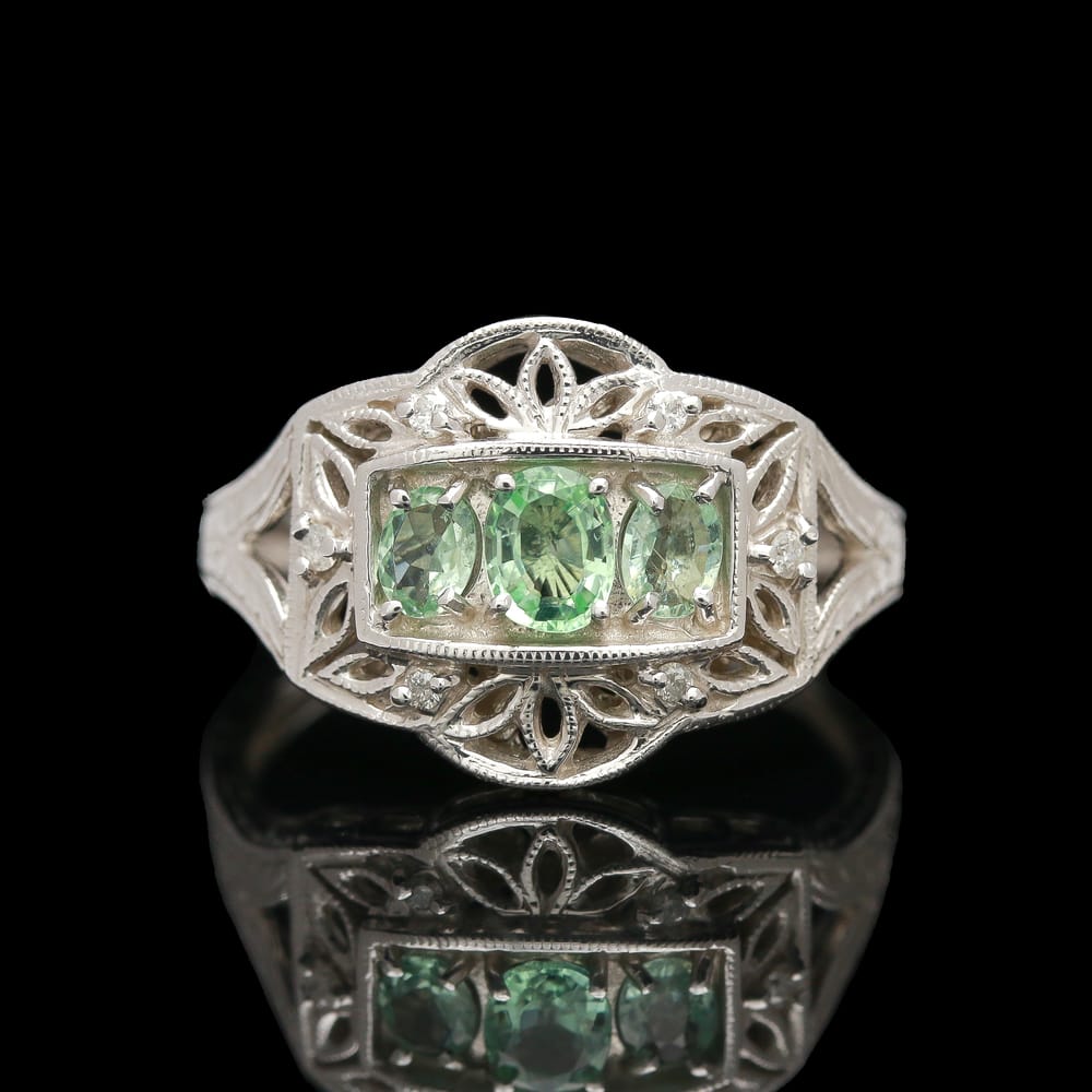 008-000705_1YMmjXIAT Engraved 14k White Gold Paraiba Tourmaline Ring, 5.3 grams, sz 10