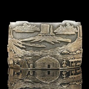 Hopi 14k & Sterling Silver Pictorial Landscape Cuff Bracelet