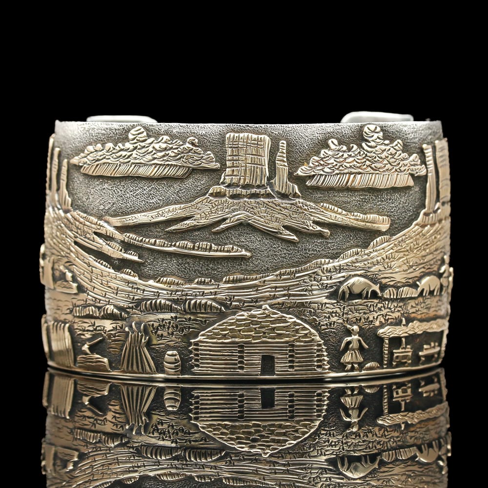 Hopi 14k & Sterling Silver Pictorial Landscape Cuff Bracelet